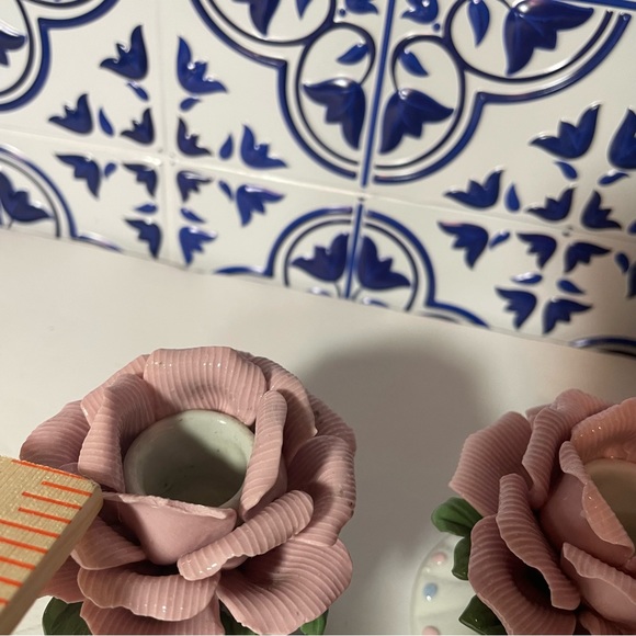 Vintage Set 1970’s Bisque Porcelain Handcrafted Rose Candle Holders on Pedestals - Picture 4 of 13